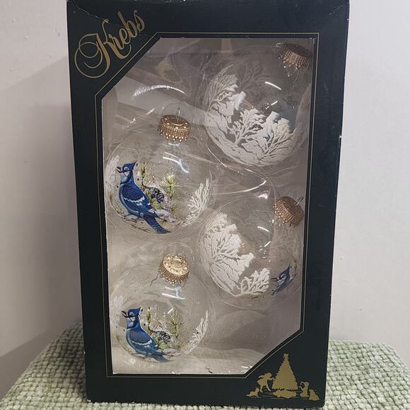 Krebs Glass Blue Jay Ornaments Set of 4 Clear 2.6 Inch Christmas Balls USA - Picture 1 of 9